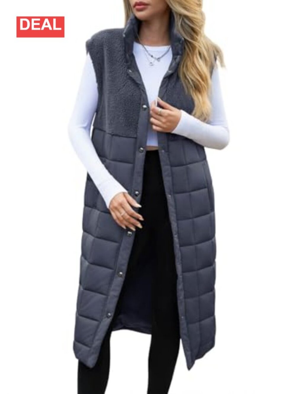 Women's Long Puffer Vest Fleece Jacket Button Down Sleeveless Coat